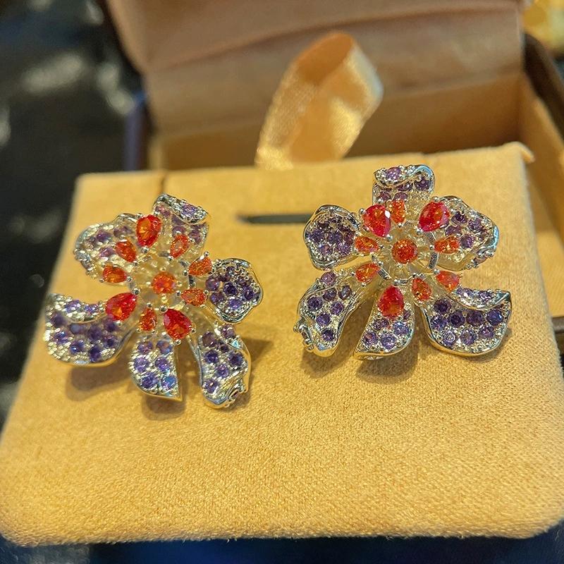 Elegant Colorful Zircon Flower Earrings Lightweight Dainty Jewelry for Women Daily Wear Holiday Gift