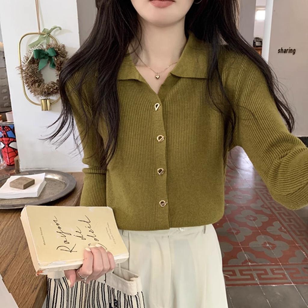 Design Bottom Top Knitted Cardigan Long Sleeve Early Autumn New Women's Clothing Collar Chic Button Simple Sweater