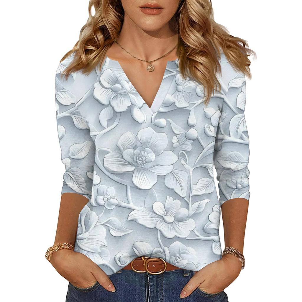 Women's Casual Fashion Sexy Comfortable V-Neck Floral Seven Sleeve Top