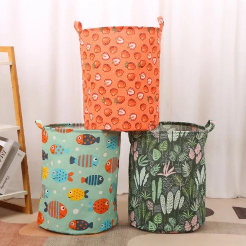 Foldable Round Waterproof Laundry Basket Cotton Linen Organizer Bucket Large Capacity Home Clothing Kids Toy Storage Basket