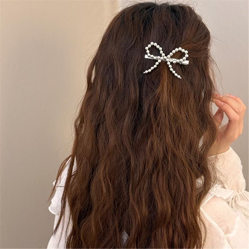 Beaded Hair Clip Aesthetic Hair Bows Bowknot Duckbill Clip Side Pin Nonslip Hair Barrettes for Women Girl Hair Styling