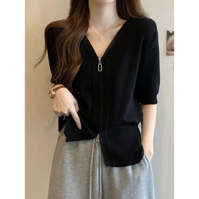 Thin Ice Silk Zipper V-neck Shoulder T-Shirt Short Sleeve