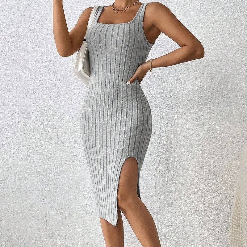 2025 Summer European and American Solid Sling Slim Fit Sunken Stripe Slit Dress Simple Slip Dress