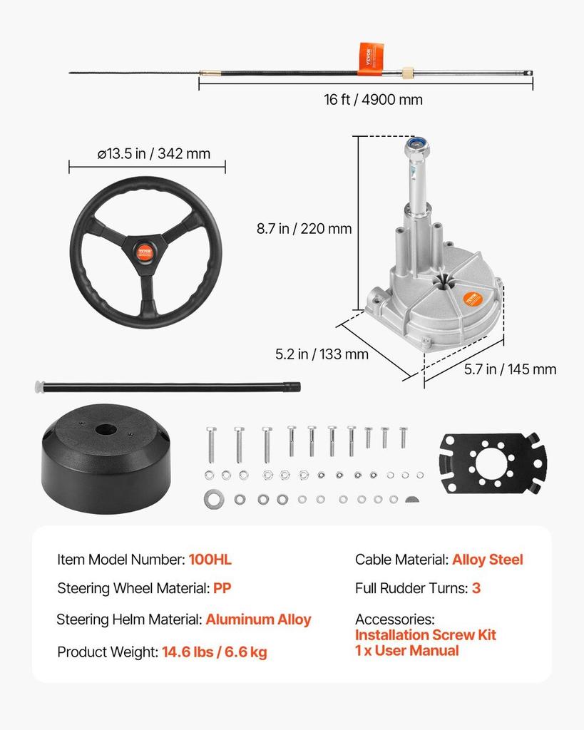 Outboard Steering System 16\' Outboard Steering Kit 16 Feet Boat Steering Cable with 13\" Wheel Durable Marine Steering System