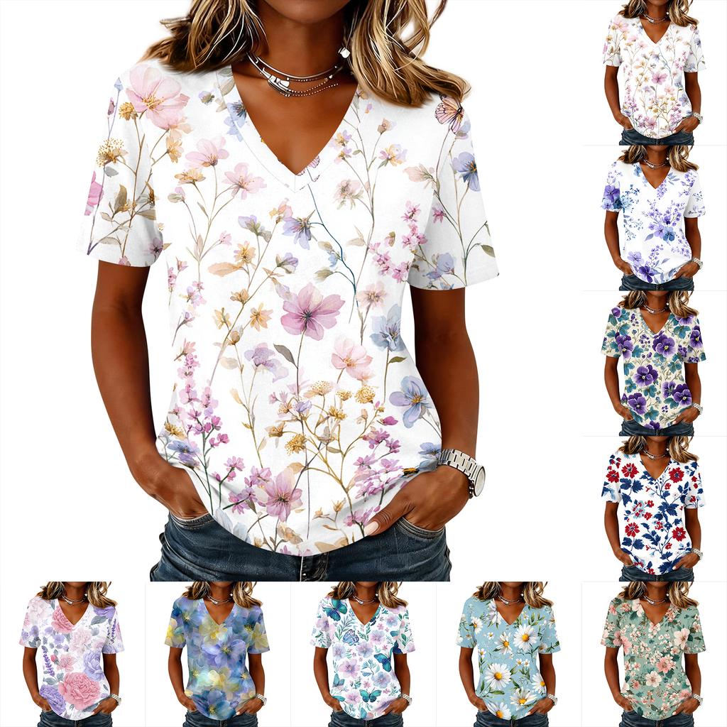 Women's fashionable casual short-sleeved floral print V-neck pullover top