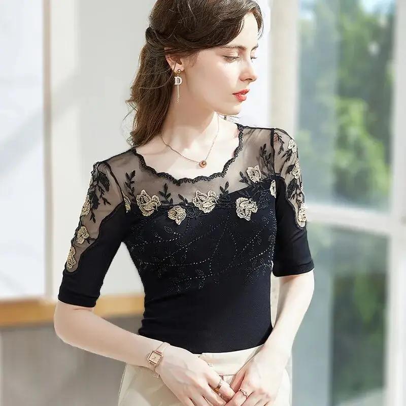 Women's Black Lace Panel Top Half Sleeve Rose Embroidery Rhinestone Casual Slim Fit Blouse