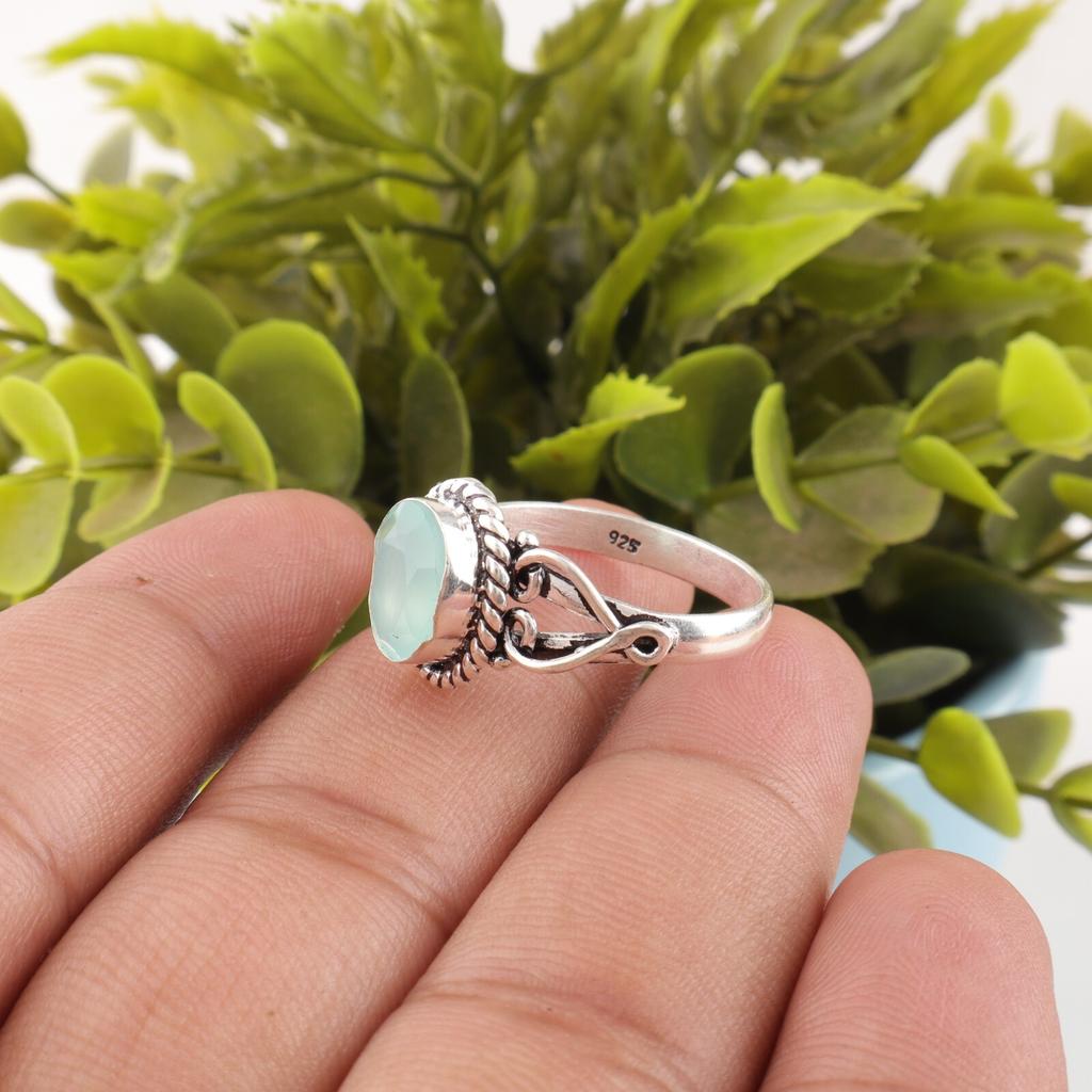 Akvakalsedon Edelstein 925 Sterlingsølv Smykker Håndlaget Statement Ring RR-8-14