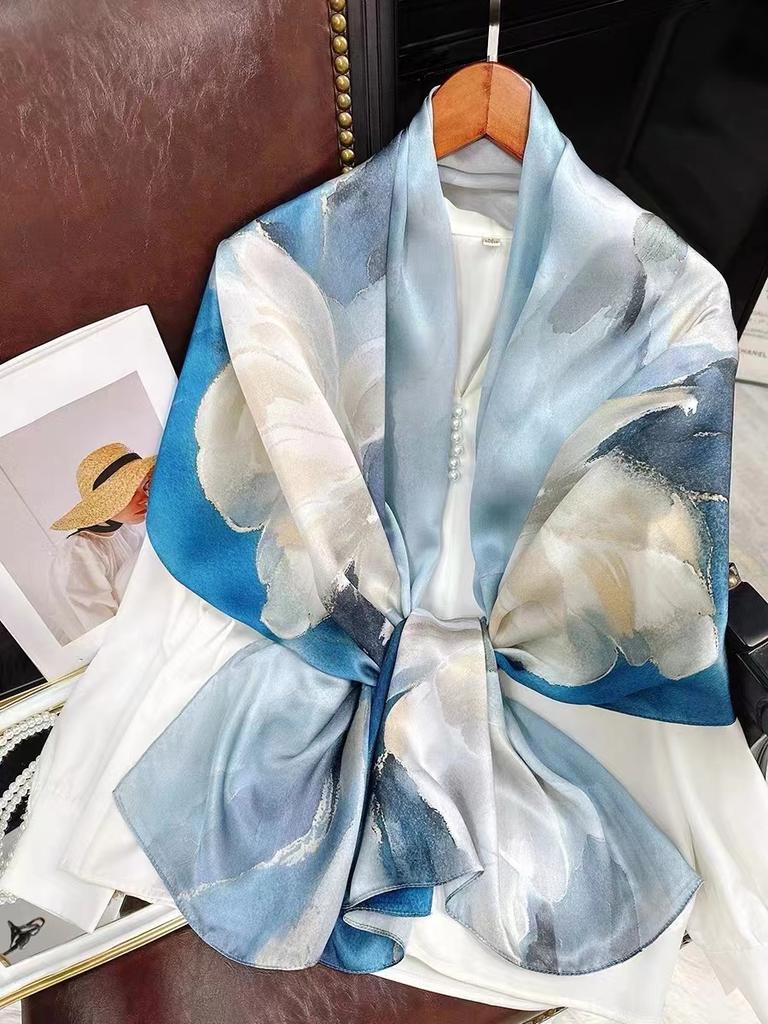 China Style Blue White 100% Silk Flower Women'S Scarf Shawl Dufanda Fall Winter Long Scarves Hijabs Fashion Silk Scarf
