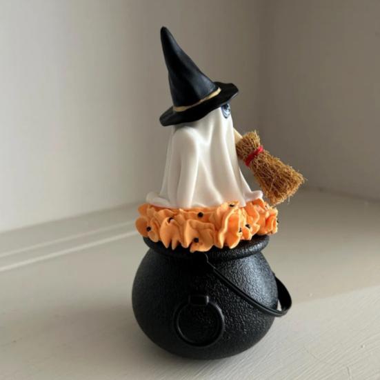 Witch Hat Ghost Cauldron Figurine Halloween Cartoon Ghost Cauldron Statue Sculpture Holiday Party Desktop Decoration Ornament
