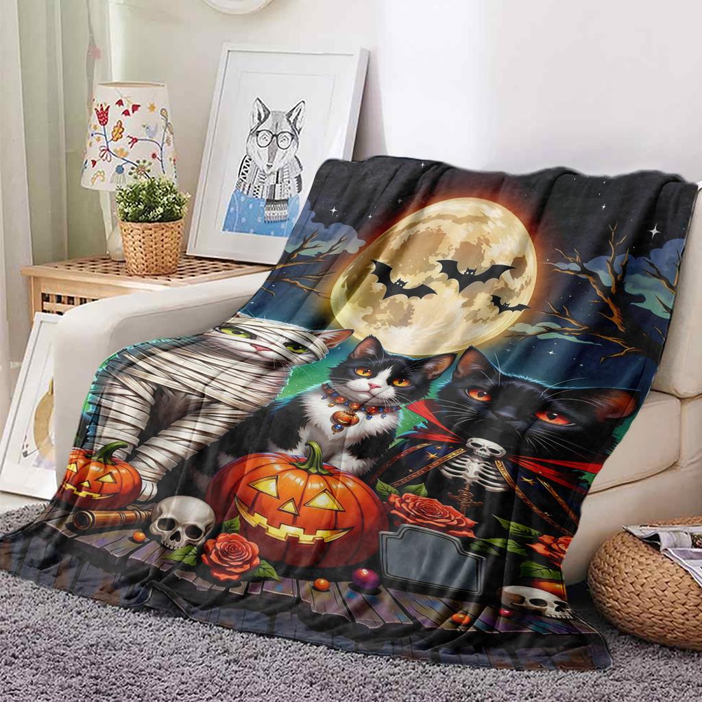 Festive Halloween Pumpkin and Ghost Print Flannel Blanket Perfect Gift for Sofa Office Bed Plane Travel Sleep Read Relax Camping