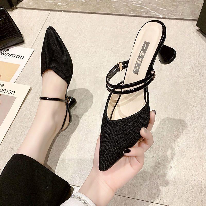One shoe and two sandals for women in spring and summer 2025 new knitted high heels, and one-word bag head semi-cool slippers for outer wear