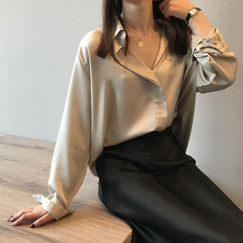 Elegante Mujer Cuello en V Blusa de diseño suelto Moda Mate Seda Satén Top  Casual Blusa de manga larga Camisas comprar a buen precio — entrega  gratuita, reseñas reales con fotos — Joom