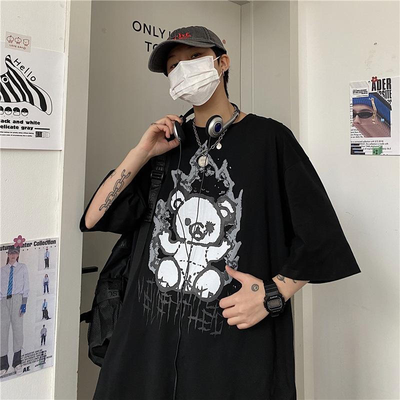 Cross-border summer new trendy brand pure cotton bear cartoon printed men's clothing Korean version loose short-sleeved T-shirt men's couple clothing