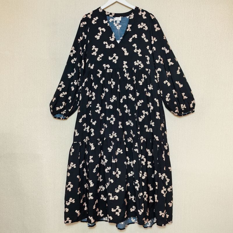 

Export Fashion Original Single Rayon Print V-neck Long-Sleeve Dress Pockets on Both Sides Long Big Hem Dress Tall