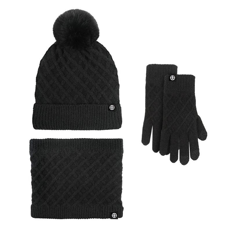 Winter warm hat, scarf, gloves three-piece set, plush outdoor hairball knitted hat, cold-proof scarf three-piece set