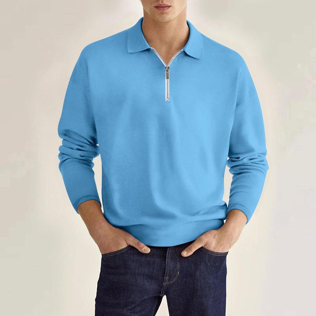 Fashion Men's Casual Polo Top Shirt Zip Solid Colour Men's Long Sleeve Sports Polo Shirt