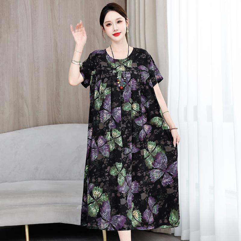 2 Neues hochwertiges florales Baumwoll-Seiden-Kleid für Damen-Sommer-Temperament, Bauchbedeckung für Mütter, große Größe künstliche Baumwolle langer Rock