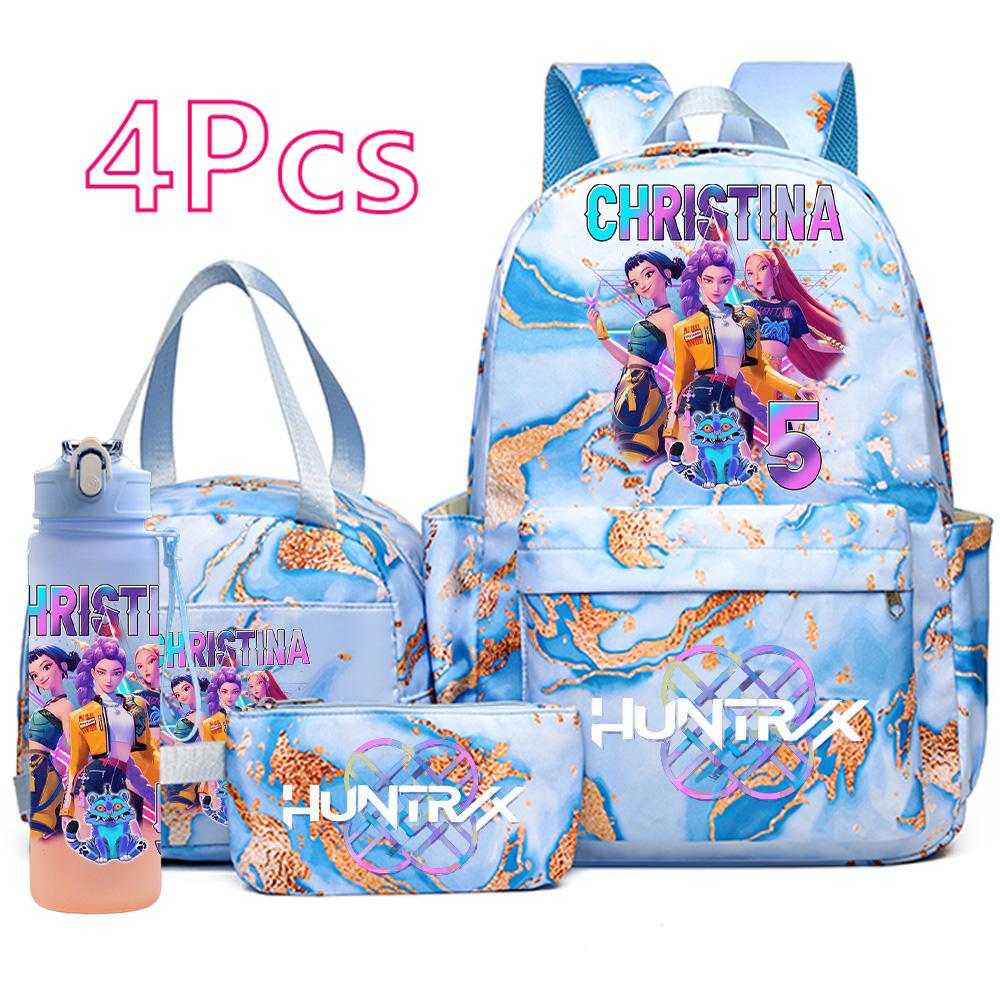 4Pcs/set Anime K-Pop Demon Hunters Printed Backpack Handbag Pencil Case with 750Ml Water Bottler for Teenager Boy Girl Large Capacity Schoolbag