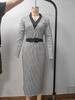 women's Plaid Print V Neck Long Sleeve Bodycon Midi Dress Slim Fitted Pencil Dress With Matching Belt