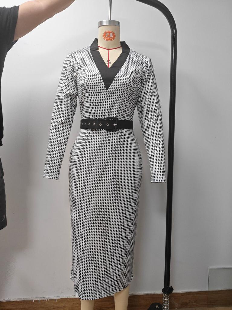women's Plaid Print V Neck Long Sleeve Bodycon Midi Dress Slim Fitted Pencil Dress With Matching Belt