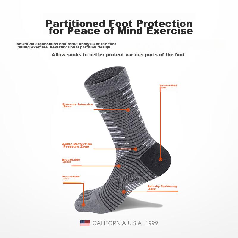 TFO DuPont Coolmax Outdoor Five-Toe Socks, Hiking Socks, Quick-Drying Functional Sports Socks 2202436, Men's Gray