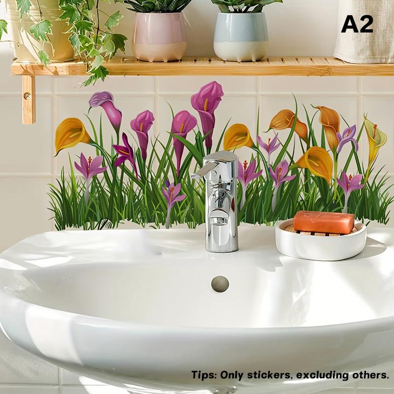 Floral Sink Area Background Wall Sticker Bathroom Sticker Self-Adhesive Removable Waterproof Backsplash Decoration Home Decor