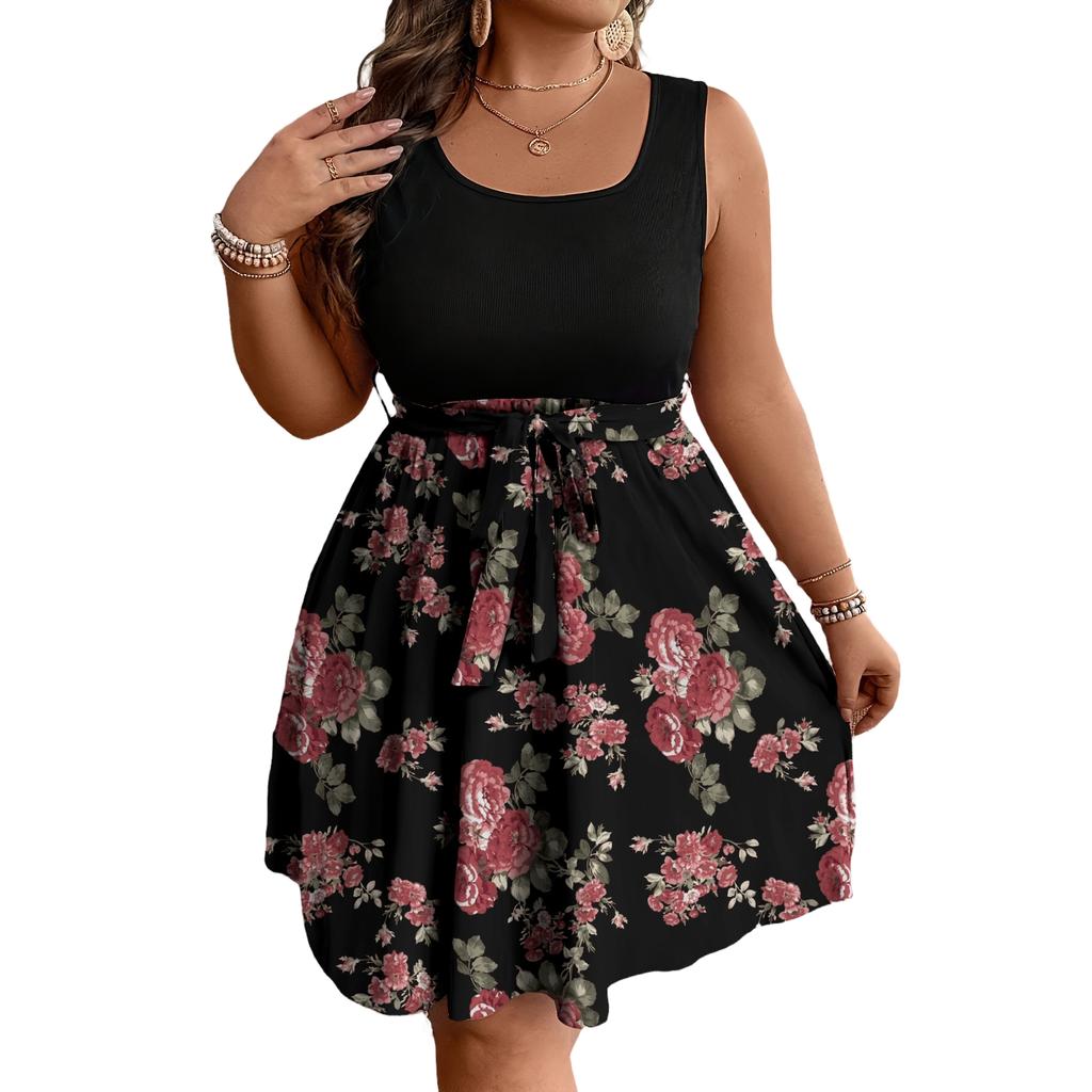 Women's Plus Size Sleeveless Color Block Printed Dress with Waist Tie for Casual Summer Wear