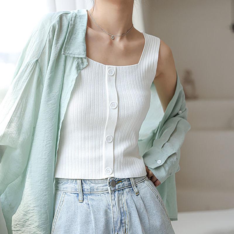 Square Neck Tank Top Knitted Crop Tops Women Summer Camis Button Camisole Fashion Casual Tube Female Sleeveless Cropped Vest