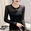 Chic Mesh Long Sleeve Top with Nail Beads & Diamond Accents - Stylish, Slim, and Breathable Women's Autumn Shirt