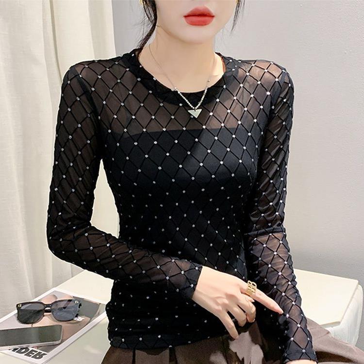 Chic Mesh Long Sleeve Top with Nail Beads & Diamond Accents - Stylish, Slim, and Breathable Women's Autumn Shirt