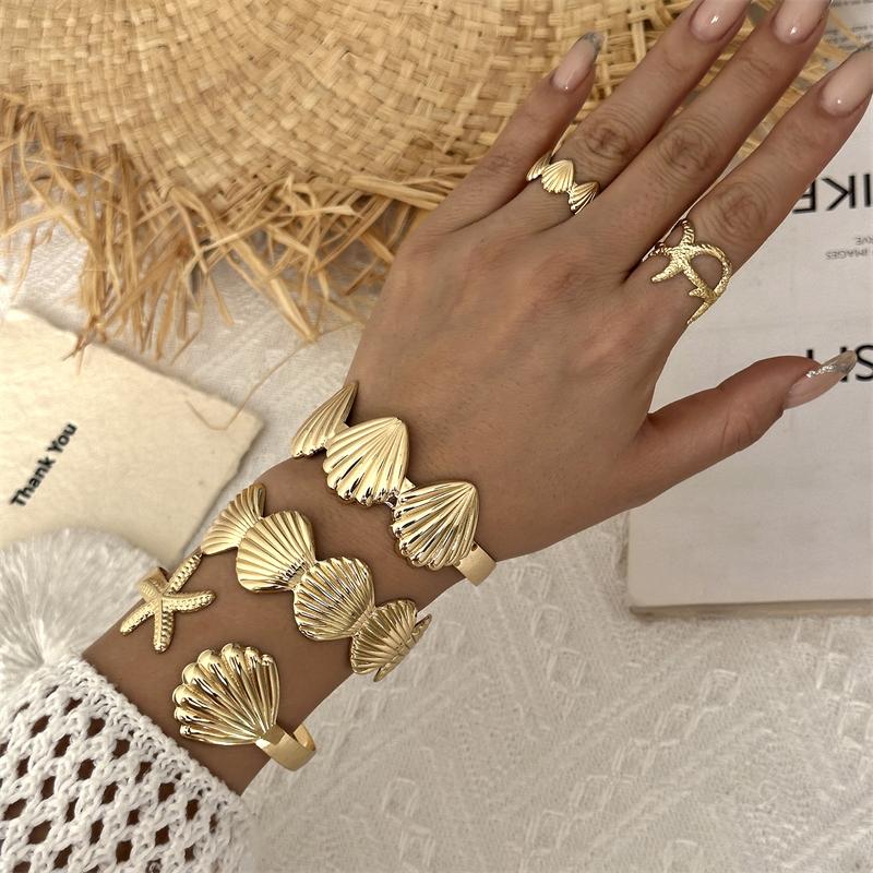 5 Pcs/Set Summer Gold Color Adjustable Open Bangles for Women Classic Shell Starfish Cuff Bracelet Girls Beach Party Jewelry