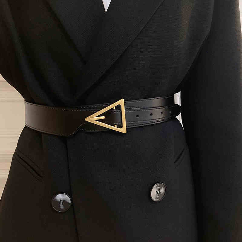 1pcs Women's Decorative Belt with Luxury Feel - New Design In 2026, Genuine Leather, Stylish Black Minimalist Wide Belt, Instagr