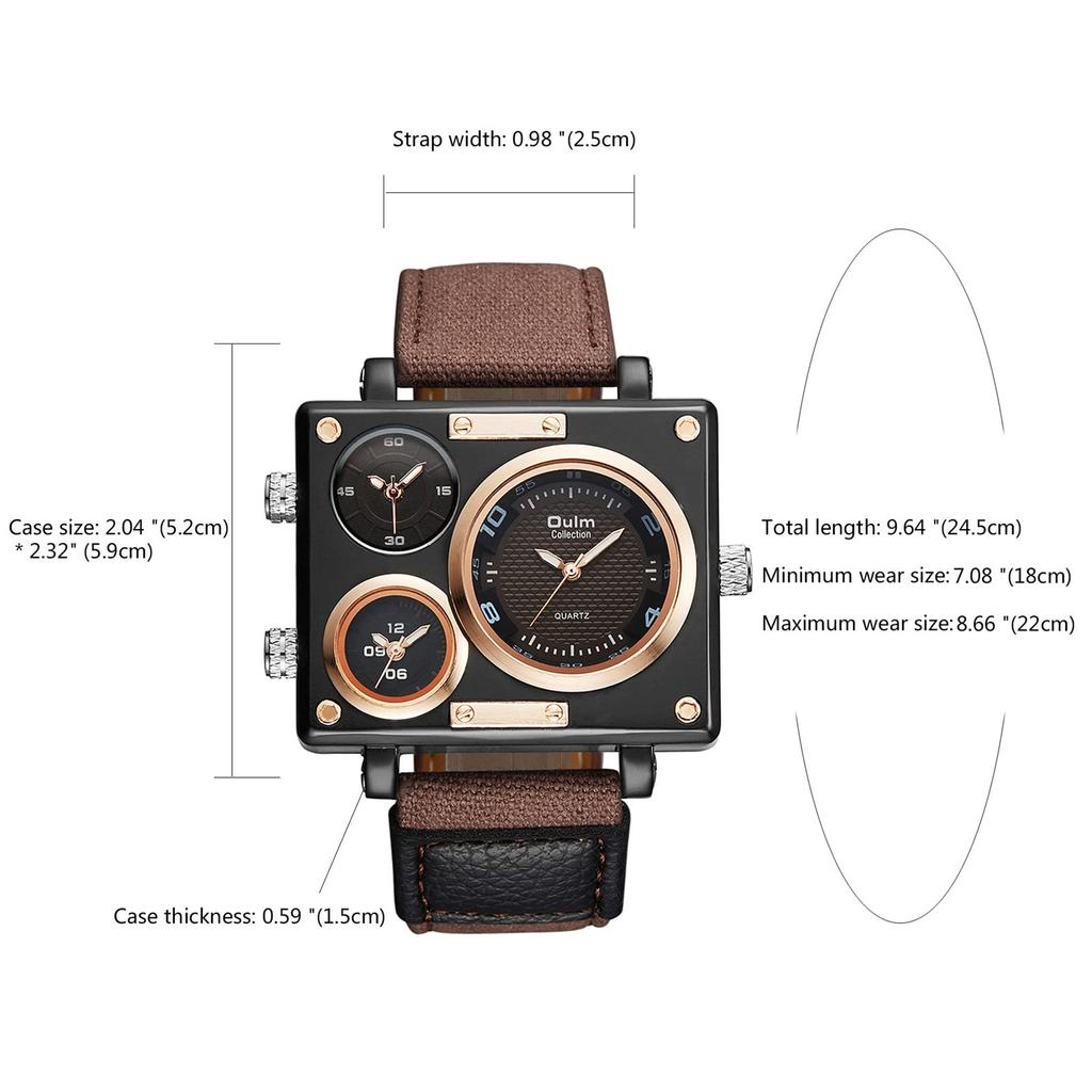 Men's Square Watch with Three Time Zones, Stylish Sports Watch with Leather Strap, Waterproof, Casual, Business, Brown, Perfect Gift for Him or Her,