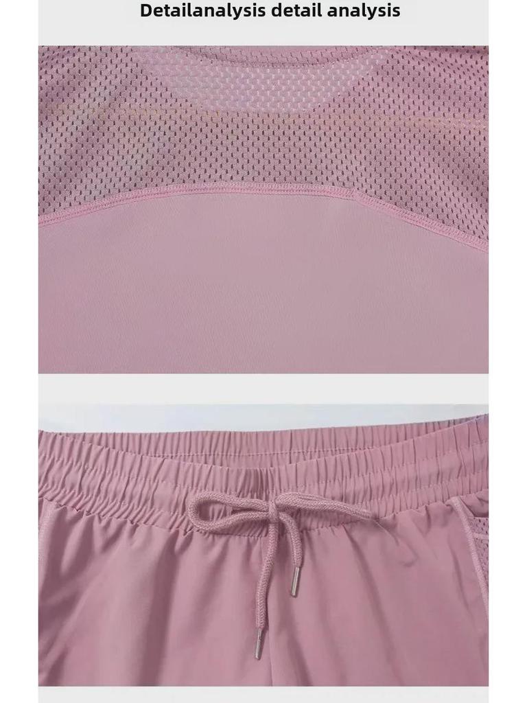 Women's Breathable Summer Yoga and Running Set: Loose Fit, Quick-Drying Shorts with Short Sleeves.