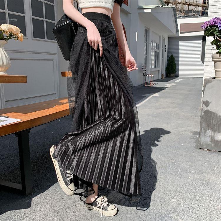 Elegant High-Waist Pleated Mesh Midi Skirt for Women - Summer Style