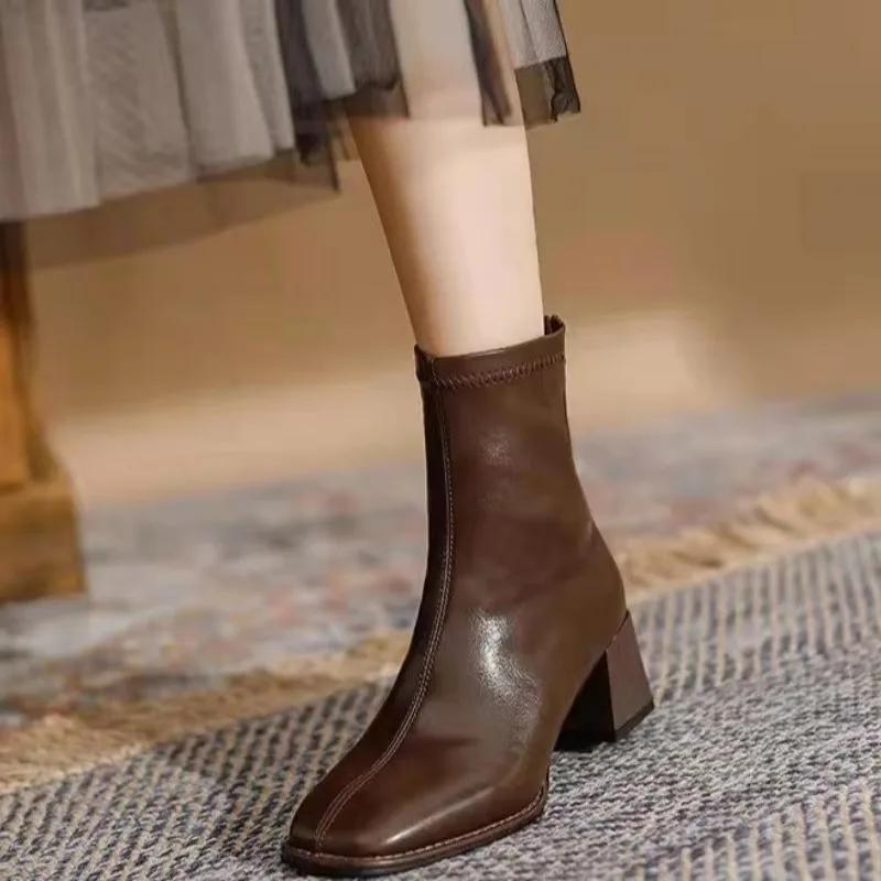 Women Outdoor Square Toe Ankle Boots Women Comfortable Fashion Designer Shoes Mid Heels Zipper Boots Big Size Shoes For Women