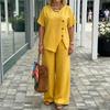 Women's Casual Two Piece Set Linen Fabric Asymmetric Button Detail Top Wide Leg Pants Relaxed Fit Lightweight Summer Outfit