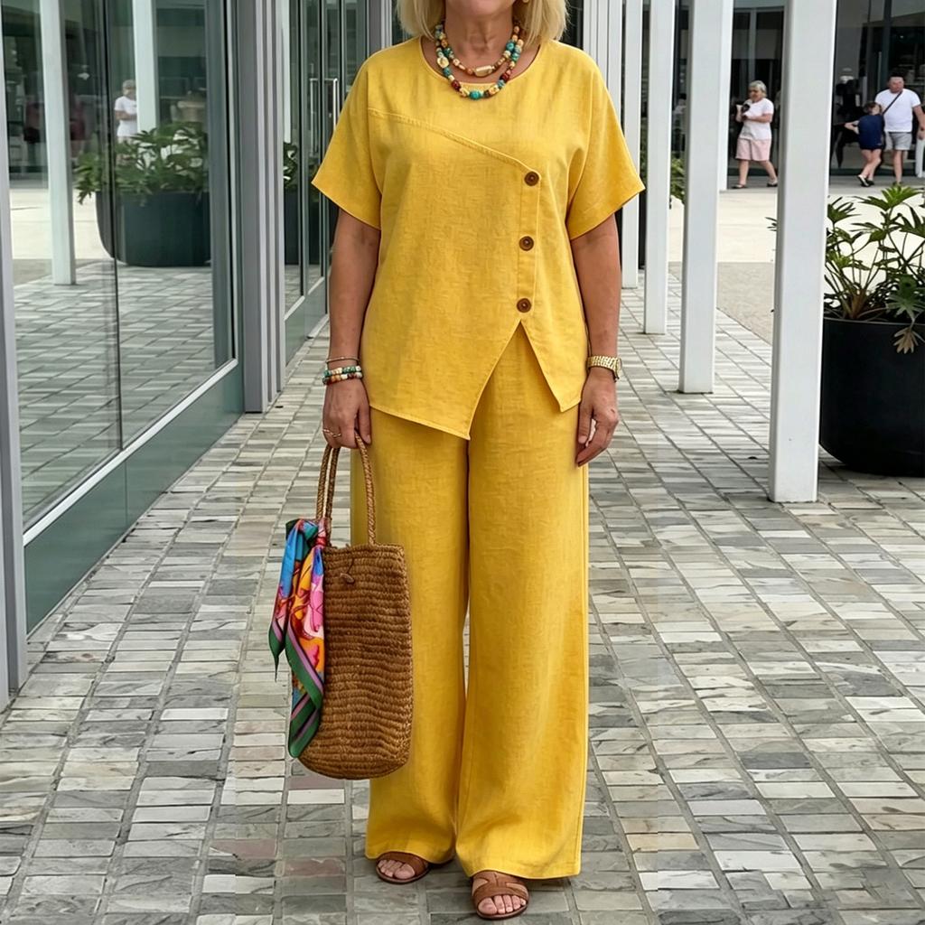 Women's Casual Two Piece Set Linen Fabric Asymmetric Button Detail Top Wide Leg Pants Relaxed Fit Lightweight Summer Outfit