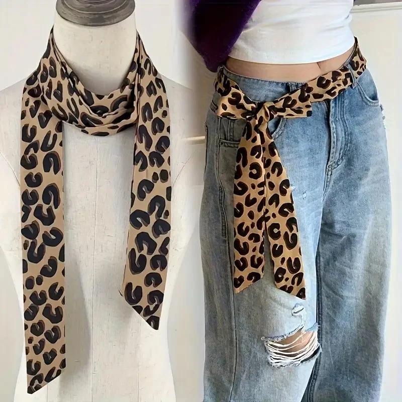Leopard Small Long Silk Scarf Belts for Women Chiffon Strap Winter Warm Windproof Y2k Irregular Scarf Waste World Punk Party