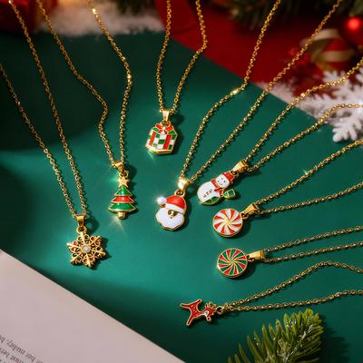 Stainless Steel Colorful Oil Drop Pendant Necklaces Enamel Christmas Tree Bell Santa Snowflake Necklace for Women Jewelry Gift