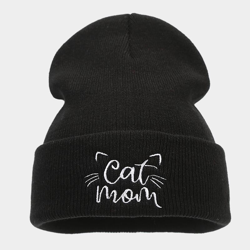 New Cute Cat Mom Embroidery Simple Pile Hat Women's Autumn and Winter Fashion Warm Wool Hat Light Mother Hat
