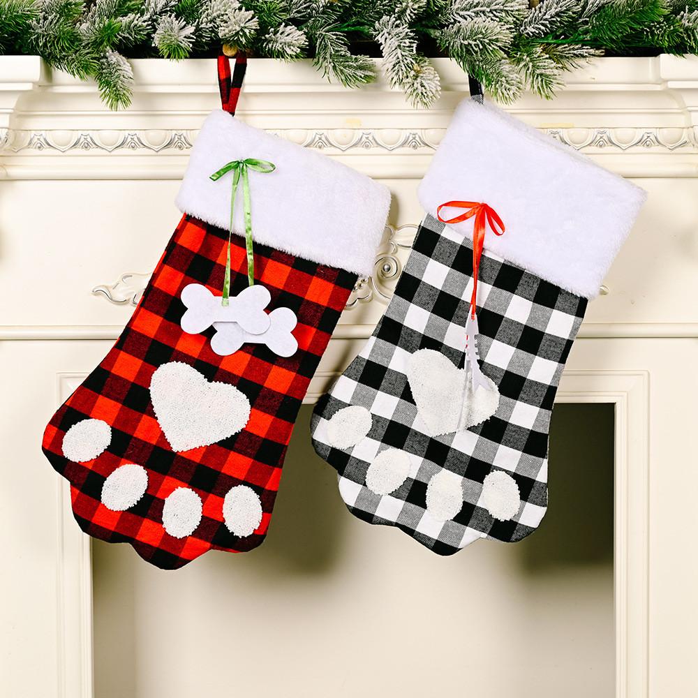 Adorable Red And Black Plaid Dog Paw Christmas Sock Ideal Holiday Gift Bag For Children
