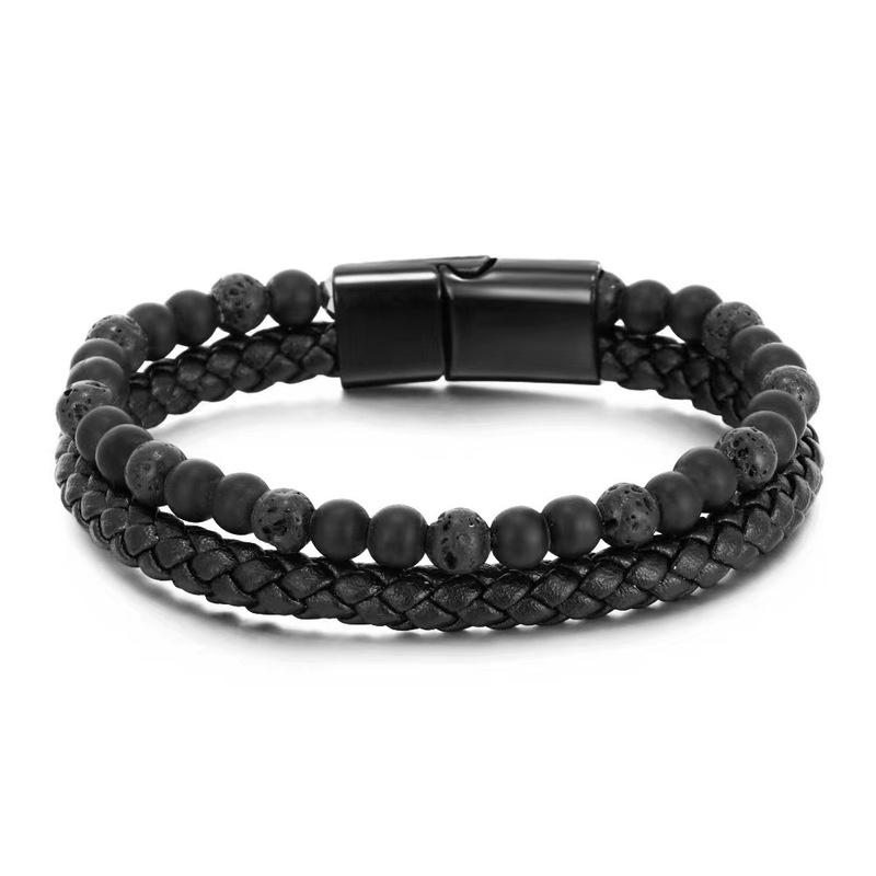 Men Double 21cm Layered Volcanic Stone Beaded Bracelet Alloy Clasp Leather Faux