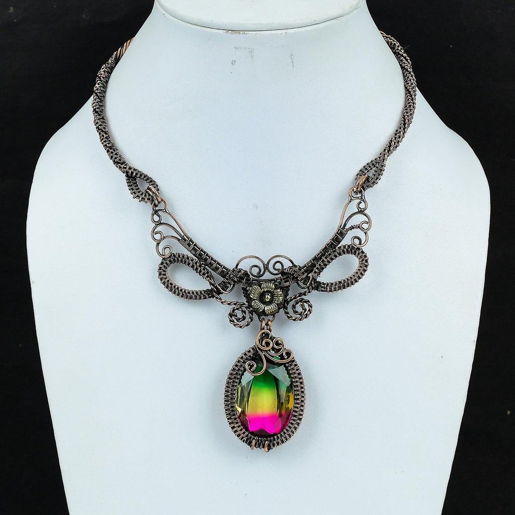 Bi-Color Tourmaline Necklace Jewelry, 999 Copper Wire Wrapped Gemstone Necklace Handmade Jewelry, For Memorial Day
