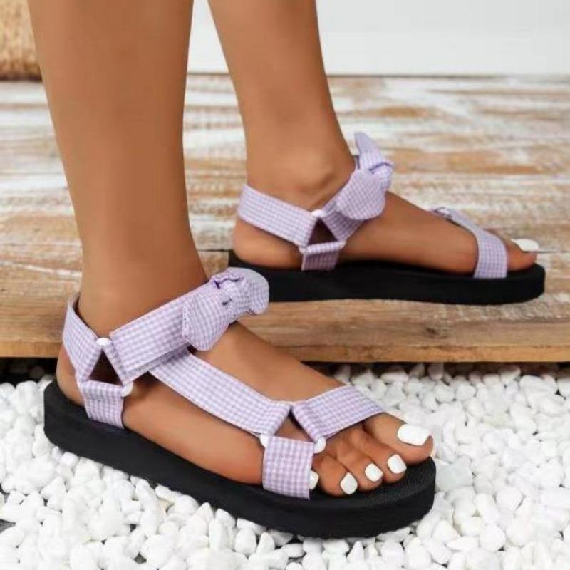 Summer New Flat-bottomed Beach Shoes Women's Velcro Bow Round Head Open-toed Leopard Print Flat-bottomed Beach Sandals