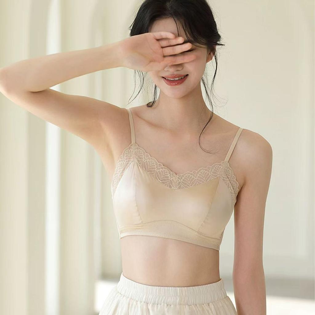 Silk Nude Satin Tube Top Type Anti-light Beautiful Back with Lace Inner Without Steel Ring Bra
