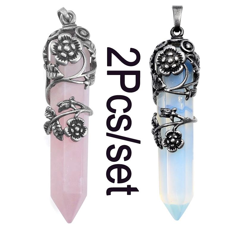 Mode natürliche Kristall sechseckige Säule Vintage Legierung Rose Anhänger Amethyst Kristall Halskette