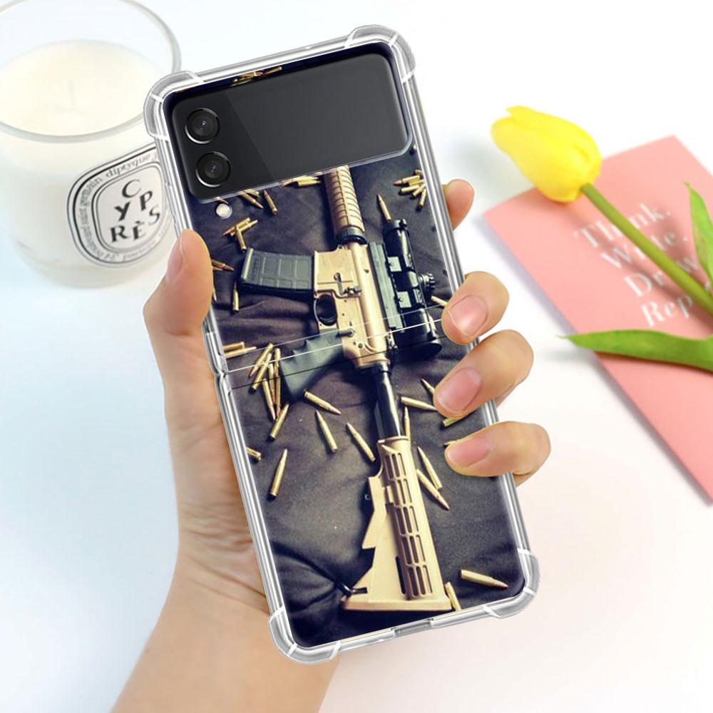 Luxury Case For Samsung Galaxy Z Flip 3 4 5G Funda Z Flip3 Clear PC Hard Shockproof Back Phone Shell AK47 Handgun Gun BUllets