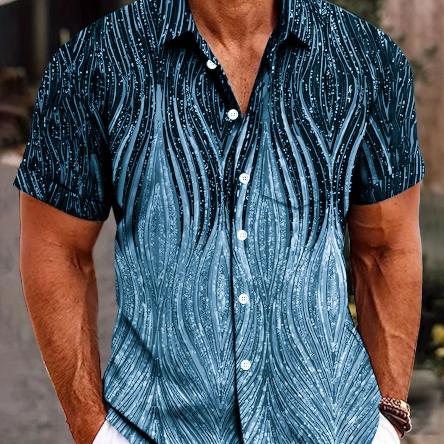 

Модна чоловіча сорочка з короткими рукавами на ґудзиках з кишенею з принтом градієнту в ретро-текстурі XL