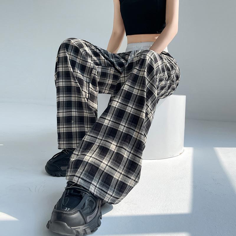 Lace Drawstring Plaid Wide-leg Pants for Women In Spring and Summer High Waist Drooping Lazy Style Loose Casual Floor Pants